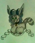 anthro antlers big_breasts blue_horn breasts collar eyewear female fur glasses green_eyes grey_body grey_fur horn nipples pince-nez ribbons solo jackalopedewey jackalope_dewey antelope bovid felid hybrid jackalope lagomorph mammal pantherine snow_leopard bust_portrait portrait