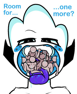 ambiguous_gender anthro bared_teeth big_teeth bodily_fluids dripping extreme_size_difference fur group humanoid_pred imminent_vore inside_mouth macro mass_vore mouth_shot multiple_prey open_mouth purple_tongue saliva saliva_drip saliva_on_tongue saliva_string size_difference soft_vore swallowing teeth_showing text tongue vore white_body white_fur willing_pred willing_prey anonymous_artist exxy_(4chan) humanoid hybrid digital_drawing_(artwork) digital_media_(artwork) english_text