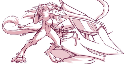 anthro big_breasts breasts chain claws clothing cross cross_necklace eyewear female gloves hair handwear jewelry long_hair looking_at_viewer melee_weapon necklace nude scabbard smile solo sunglasses sword tail tattoo teeth text toe_claws weapon skykain mammal sergal 2013 english_text monochrome sketch