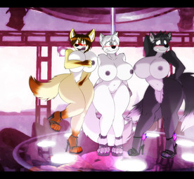 angry anthro big_breasts black_bars black_clothing black_footwear black_hair black_high_heels blue_eyes blush breasts brown_body brown_fur brown_hair clothing crossgender embarrassed fangs female fluffy fluffy_tail footwear footwear_only fur genitals grey_body grey_fur group hair high_heeled_sandals high_heels high_heels_only mostly_nude mtf_crossgender multicolored_body multicolored_fur navel nervous nipples nude open_mouth platform_footwear platform_heels pole pose sandals shoes standing stripper_pole tail tan_body tan_fur teeth thick_thighs trio two_tone_body two_tone_fur vulva white_body white_fur white_hair yellow_eyes dracojeff dark_nz forefox canid canine fox mammal 2016 letterbox story story_in_description