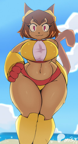 anthro beach bikini brown_hair clothing curvy_figure eyewear eyewear_on_head female fur goggles goggles_on_head hair hand_on_hip looking_at_viewer solo swimwear tan_body tan_fur thick_thighs two-piece_swimsuit whiskers wide_hips misx gameoverse glitch_productions kit_bodega domestic_cat felid feline felis mammal hi_res