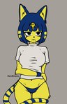 anthro blue_hair breasts cat_tail clothing eyeliner female fur hair makeup markings panties ring_(marking) ringed_tail shirt simple_background solo striped_markings striped_tail stripes tail tail_markings topwear underwear uraeus yellow_body yellow_fur hardenonn animal_crossing nintendo ankha_(animal_crossing) felid feline mammal 2023 hi_res