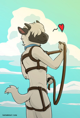 anthro biped butt cloud collar fur harness leash male male_anthro nude outside sky solo standing tail white_body white_fur white_wool wool_(fur) wool_hair thathornycat bovid caprine mammal sheep absurd_res hi_res