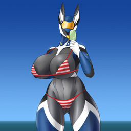 anthro areola big_breasts bikini bikini_bottom bikini_top black_body black_ears blue_body blue_skin breasts clothing curvy_figure female food grey_areola grey_body grey_ears grey_skin huge_breasts licking_popsicle machine outside popsicle simple_background solo swimwear thick_thighs tongue two-piece_swimsuit white_body white_ears white_skin wide_hips yellow_eyes yellow_tongue xeddo cognizant_blue android robot 1:1 hi_res