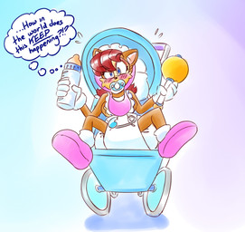 ageplay anthro baby_bottle bib blue_eyes blue_pacifier blush bonnet booties breasts brown_body brown_fur clothing diaper female fur gloves hair handwear headgear headwear holding_baby_bottle holding_rattle infantilism object_in_mouth pacifier pacifier_in_mouth pink_bib pink_bonnet pink_booties rattle red_hair roleplay safety_pin sitting_in_stroller solo stroller text thought_bubble white_clothing white_gloves white_handwear rfswitched sega sonic_the_hedgehog_(series) sally_acorn chipmunk ground_squirrel mammal rodent sciurid absurd_res hi_res