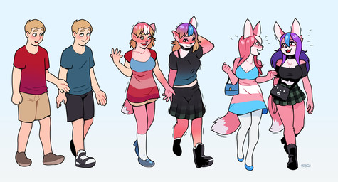 anthro base_one_layout basic_sequence bottomwear breast_growth breasts clothing consensual_transformation duo female footwear fur gender_transformation growth hair high_heels human_to_anthro lgbt_pride linear_sequence male mtf_transformation one_row_layout pink_body pink_fur pink_hair pride_color_clothing pride_color_dress pride_colors purple_hair red_clothing red_shirt red_topwear shirt shoes shorts simple_background skirt smile species_transformation tail tail_growth three_frame_image three_frame_sequence topwear transformation transformation_sequence transgender_pride_colors white_background blackshirtboy canid canine fox human mammal 2021 absurd_res hi_res sequence sibling_(lore) trans_(lore) trans_woman_(lore) twins_(lore)
