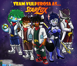 anthro black_hair blue_eyes blue_hair boots brown_body brown_hair brown_skin clothing cosplay costume female footwear green_eyes green_hair gun hair holding_bomb holding_gun holding_melee_weapon holding_object holding_polearm holding_ranged_weapon holding_spear holding_weapon male melee_weapon polearm pose purple_eyes purple_hair ranged_weapon red_eyes shoes spear squad team_pose text weapon yellow_eyes yellow_sclera sinisterslyfox nintendo star_fox falco_lombardi fox_mccloud krystal_(star_fox) lilith_ashbluff lucas_vulperosa peppy_hare slippy_toad amphibian avian bat bird frog mammal owl absurd_res english_description english_text hi_res