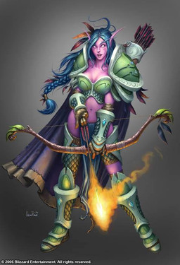 armor arrow_(weapon) bow_(weapon) braided_hair breasts female fire_arrow green_hair grey_background hair holding_bow_(weapon) holding_object holding_ranged_weapon holding_weapon hunter looking_at_viewer navel not_furry open_mouth pauldron purple_body quiver_(object) ranged_weapon simple_background solo weapon glenn_rane blizzard_entertainment coca-cola warcraft elf humanoid night_elf official_art
