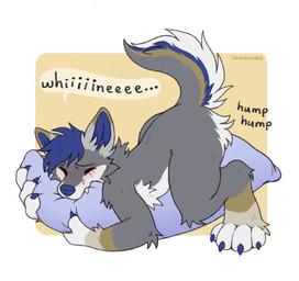 ambiguous_gender anthro bite blue_claws blue_hair blush claws collar eyes_closed facial_scar fur green_collar grey_body grey_fur grinding hair masturbation pillow pillow_bite pillow_humping raised_tail scar solo tail tan_body tan_fur whining white_body white_fur snackhorse wolfskin_torske canid canine canis mammal wolf hi_res