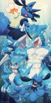 abs abstract_background ambiguous_gender anthro blue_body blue_fur claws countershading fighting_pose fur group horn laser male muscular muscular_anthro muscular_male pecs pose punch red_eyes spikes spikes_(anatomy) kira_dra_h bandai_namco digimon nintendo pokemon digimon_(species) exveemon generation_4_pokemon lucario pokemon_(species) riolu veemon 1:2 blue_theme crossover hi_res