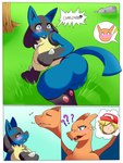 2018 3:4 anthro big_butt black_body black_fur blue_body blue_eyes blue_fur blush bodily_fluids breasts butt charizard comic deerrobin duo english_text exclamation_point female fur generation_1_pokemon generation_4_pokemon genital_fluids hi_res implied_transformation lucario male nintendo nude pokemon pokemon_(species) pokemon_transformation sniffing surprise tail text transformation vaginal_fluids yellow_body yellow_fur