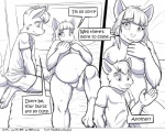 5:4 anthro bed breasts camel_toe canid canine clothed clothing comic dialogue duo english_text faf fafcomics female fox furniture greyscale hetty_(faf) jimmy_(faf) lying male male/female mammal monochrome nipples obese on_back overweight text topless