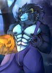 anthro bulge food forest forest_background fruit generation_4_pokemon halloween hi_res holidays luxray male muscular nature nature_background nintendo nipple_piercing nipples piercing pinup plant pokemon pokemon_(species) pose pumpkin raccoonthing solo tree