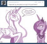 ask_blog ask_princess_molestia bodily_fluids crown dialogue duo english_text equid equine fan_character feathered_wings feathers female feral friendship_is_magic hair hasbro headgear horn john_joseco long_hair mammal monochrome my_little_pony mythological_creature mythological_equine mythology princess princess_celestia_(mlp) princess_luna_(mlp) princess_molestia quadruped royalty sibling_(lore) sister_(lore) sisters_(lore) sweat text tiara tumblr winged_unicorn wings