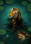 2019 anthro butt collaboration deyvarah digital_media_(artwork) felid female fur green_eyes hair johis lily_pad long_hair looking_at_viewer looking_back mammal pantherine plant raised_tail solo striped_hair stripes swimming tail tiger water wet whiskers