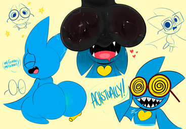 anthro anus_peek balls balls_on_face big_balls big_butt blue_body braces butt exclamation_point eyes_closed eyewear female genitals glasses heart_symbol loli nude open_mouth pegleg sharp_teeth sitting solo speech_bubble teeth text these_aren't_my_glasses thick_thighs wide_hips young young_anthro young_female ota_(artist) cartoon_network mao_mao:_heroes_of_pure_heart adorabat bat mammal absurd_res english_text hi_res