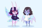 blush clothing duo female hair hoodie horn insect_wings looking_at_viewer open_mouth pink_body pink_eyes purple_body purple_clothing purple_eyes simple_background smile standing topwear white_clothing wings happykaos ben_10 cartoon_network fan_character alien alien_humanoid fairy humanoid nemuina 2024 hi_res