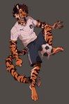 anthro ball bodily_fluids brown_hair clothing fangs fluffy fluffy_tail fur green_eyes grey_background hair happy italian_flag italy male open_mouth shirt simple_background soccer_ball soccer_player soccer_uniform solo sportswear star striped_body striped_fur stripes sweat tail teeth text text_on_clothing text_on_shirt text_on_topwear tongue topwear uniform whiskers jhose fifa puma_(company) felid mammal pantherine tiger 2021 hi_res traditional_media_(artwork)