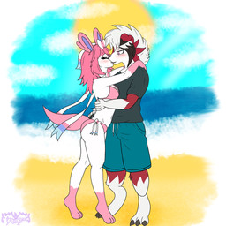 anthro beach bikini blush breasts clothed clothing cute_fangs duo fangs female fur interspecies interspecies_romance kissing love male male/female outside red_body red_fur romantic romantic_couple sand seaside smile swimming_trunks swimwear tail teeth two-piece_swimsuit water white_body white_fur braixian game_freak nintendo pokemon canid canine eeveelution generation_6_pokemon generation_7_pokemon lycanroc mammal midnight_lycanroc pokemon_(species) sylveon 1:1 2025 absurd_res digital_media_(artwork) hi_res