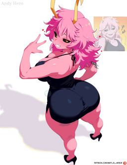 big_breasts big_butt black_sclera breasts bubble_butt butt clothing curvy_figure dress female footwear hair heart_symbol high_heels horn huge_butt not_furry pink_body pink_hair pink_skin shoes solo text thick_thighs tight_clothing tight_dress andy_the_hero my_hero_academia ashido_mina horned_humanoid humanoid quirked_human_(my_hero_academia) hi_res url