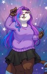 5_fingers anthro black_bottomwear black_clothing black_skirt blue_highlights bottomwear brown_body brown_fur brown_nose claws clothing ear_piercing ear_ring eyebrows female fingers fur furgonomics hair hair_over_eye highlights_(coloring) long_hair multicolored_hair open_mouth open_smile piercing pink_inner_ear purple_claws purple_clothing purple_eyes purple_hair purple_sweater purple_tongue purple_topwear ring_piercing simple_background skirt smile solo star sweater tail tail_clothing teeth tongue topwear white_head noviraine mammal mustelid otter sea_otter 2025 digital_media_(artwork) trans_(lore) trans_woman_(lore)