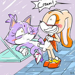 aged_down anthro balls bench blush bodily_fluids brown_eyes clothed clothing clothing_lift cum cum_on_body cum_on_face dress dress_lift duo excessive_cum excessive_genital_fluids featureless_chest female footwear forehead_gem fur gem genital_fluids genitals gloves grin gynomorph hair handwear humanoid_genitalia humanoid_penis intersex intersex/female long_ears mostly_nude no_underwear orange_eyes penis ponytail purple_body purple_fur shoes smile speech_bubble tan_body tan_fur white_body white_fur young kingheron sega sonic_the_hedgehog_(series) blaze_the_cat cream_the_rabbit domestic_cat felid feline felis lagomorph leporid mammal rabbit