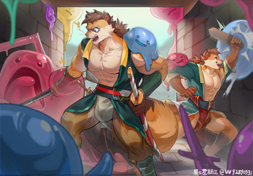 abs anthro asian_clothing barazoku brown_body brown_fur bulge chinese_clothing clothing duo east_asian_clothing fundoshi fur japanese_clothing katana kimono male melee_weapon muscular muscular_anthro muscular_male pecs slime sword tentacle_slime underwear weapon vv92890531 xxl_woofia choi_yuhee choi_yuhyun goo_creature mammal mustelid musteline slime_(blob) true_musteline weasel hi_res brother_(lore) brothers_(lore) sibling_(lore)