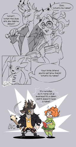 book clothed clothing dialogue duo female for_a_head male male/female plushie profanity text watermystic277 deadlock_(game) valve valve_corporation billy_(deadlock) paige_(deadlock) animal_head animal_humanoid bovid caprine goat human humanoid mammal absurd_res comic english_text hi_res