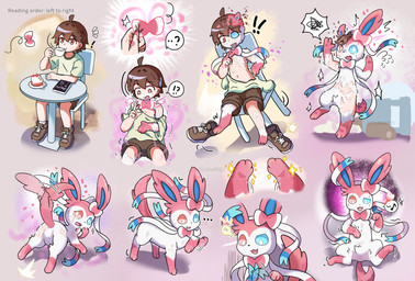 3_toes blue_eyes clothing clothing_loss feet feral heterochromia human_to_feral loss_of_dexterity male oversized_clothing pink_eyes pokemon_transformation small_comic solo species_transformation text toes transformation lisher001 nintendo pokemon eeveelution generation_6_pokemon human mammal pokemon_(species) sylveon english_text hi_res