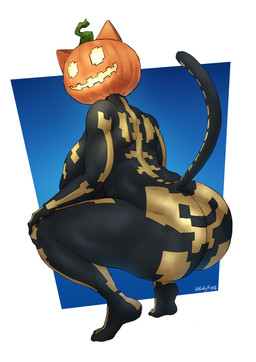 big_breasts big_butt black_clothing breasts bubble_butt butt clothing crouching curvy_figure female food for_a_head fruit golden_markings hands_on_knees hands_on_legs huge_butt jack-o'-lantern markings plant plantigrade presenting presenting_hindquarters pumpkin pumpkin_head raised_heel raised_tail skeleton_(marking) skinsuit solo tail thick_thighs tight_clothing tight_skinsuit ruddyrzaq epic_games fortnite fortnite:_battle_royale fortnitemares spice_(fortnite) animal_humanoid felid felid_humanoid feline feline_humanoid humanoid mammal mammal_humanoid object_head absurd_res hi_res