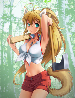 accessory antenna_hair axe bangs big_breasts blonde_hair blue_eyes bottomwear breasts cleavage clothed clothing dog_tags dog_tail female forest hair hair_accessory jewelry long_hair melee_weapon nature navel necklace outside plant ponytail shorts sleeveless_clothing solo tongue topwear tree vest weapon wood kogaran voiceroid tsurumaki_maki animal_humanoid canid canid_humanoid canine canine_humanoid canis dog_humanoid domestic_dog humanoid mammal mammal_humanoid hi_res