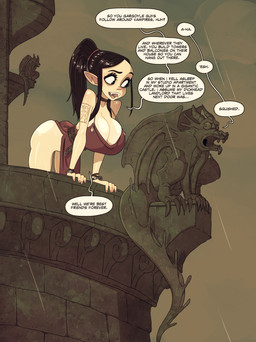 ambiguous_gender arm_tattoo big_breasts black_hair breasts cleavage clothed clothed_female clothed_humanoid clothing dialogue dress duo fangs female hair humanoid_pointy_ears long_hair pointy_ears raining red_clothing red_dress sculpture speech_bubble statue tail tattoo teeth text rapscallion animate_inanimate gargoyle humanoid living_statue vampire 2026 absurd_res english_text hi_res
