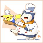 ambiguous_gender anthro apron black_ears blue_body blush blush_lines border brown_eyes cheek_spots chef_hat claws clothed clothed_anthro clothing cute_fangs cutlery dipstick_ears duo ear_markings eyes_closed fangs hat headgear headwear heart_symbol holding_object holding_spoon holowear_(pokemon) kitchen_utensils multicolored_ears open_mouth open_smile orange_border orange_outline outline pokeball semi-anthro simple_background size_difference smile spoon teeth toe_claws tongue tools topwear yellow_body tatu_wani_(artist) nintendo pokemon pokemon_unite cook_style_pikachu cook_style_snorlax generation_1_pokemon pikachu pokemon_(species) snorlax 1:1 2022 absurd_res digital_media_(artwork) hi_res