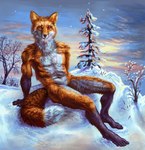 anthro black_body black_fur blue_eyes detailed_background dipstick_tail featureless_chest feet fur gloves_(marking) humanoid_feet leg_markings male markings nude_anthro nude_male orange_body orange_fur plant plantigrade relaxing sitting sky snow socks_(marking) solo tail tail_markings tree white_body white_fur fallowfox canid canine fox mammal