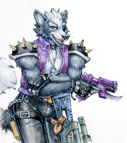 anthro black_bottomwear black_clothing black_gloves black_handwear black_nose bottomwear bulge chain cheek_tuft clothed clothing collar facial_tuft fangs fur gloves grey_body grey_fur gun handwear head_tuft holding_gun holding_object holding_ranged_weapon holding_weapon jewelry looking_at_viewer male multicolored_body multicolored_fur narrowed_eyes necklace open_mouth open_smile pink_tongue purple_clothing purple_topwear ranged_weapon shoulder_pads simple_background smile solo spiked_collar spiked_shoulder_pads spikes standing teeth tongue topwear tuft two_tone_body two_tone_fur unsigned weapon white_background white_body white_fur akatan_art nintendo star_fox wolf_o'donnell canid canine canis mammal wolf hi_res portrait three-quarter_portrait traditional_media_(artwork)
