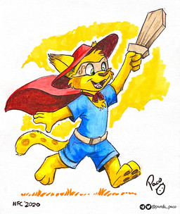 abstract_background anthro barefoot blue_bottomwear blue_clothing blue_shirt blue_shorts blue_t-shirt blue_topwear bottomwear cheek_tuft clothed clothing facial_tuft feet fur glistening glistening_eyes green_eyes happy hat head_tuft headgear headwear holding_melee_weapon holding_object holding_sword holding_weapon logo male male_anthro markings melee_weapon open_mouth open_smile red_clothing red_hat red_headwear shirt shorts smile solo spots spotted_markings spotted_tail sword t-shirt tail tail_markings topwear toy_sword tuft weapon yellow_body yellow_fur young young_anthro young_male pandapaco felid mammal 2020 artist_logo dated signature