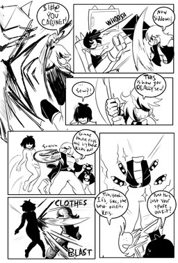 ambiguous_gender bottomless butt casual_exposure casual_nudity cfnm clothed clothing clothing_theft embarrassed female forced forced_exposure forced_undressing genitals male nude only_one_nude penis stealing text undressing saikoart deltarune undertale_(series) kris_dreemurr susie_(deltarune) human mammal comic english_text hi_res monochrome