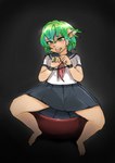 2022 black_background black_bottomwear black_clothing black_skirt bodily_fluids bottomwear bound canid clothing female fur green_body green_eyes green_fur green_hair hair hands_tied hi_res human_to_anthro humanoid mammal open_mouth school_uniform simple_background sitting skirt solo species_transformation tears toribako transformation uniform