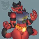 1:1 5_fingers anthro anthrofied biceps big_breasts biped black_body black_fur bottomless breasts claws clothed clothing ear_tuft english_text eyes_closed felid female fingers fur generation_7_pokemon genitals head_tuft hi_res incineroar mammal multicolored_body multicolored_fur muscular muscular_anthro muscular_female nintendo nude partially_clothed pokemon pokemon_(species) posexe pussy red_body red_fur shirt simple_background smile solo standing tank_top text thick_thighs topwear tuft two_tone_body two_tone_fur watermark wide_hips
