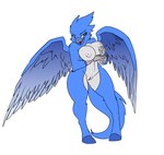 anthro areola biped blue_body blue_feathers blue_hooves blue_tail blue_wings feathered_wings feathers female genitals hooves looking_at_viewer nipples nude open_mouth open_smile pussy simple_background smile solo standing tail white_background wings third-party_edit winstar mythology avian gryphon mythological_avian mythological_creature color_edit colored digital_drawing_(artwork) digital_media_(artwork) full-length_portrait portrait