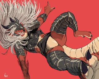 anthro armor cosplay hair headgear helmet horn jumping long_hair male open_mouth red_background red_body red_scales scales simple_background solo tail tan_body tan_scales teeth teeth_showing white_hair negy elden_ring fromsoftware mythology ven_(dragon) dragon mythological_creature mythological_scalie scalie 2022 absurd_res hi_res signature