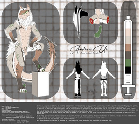 2_missing_limbs amputee animal_genitalia anthro anus athletic athletic_anthro athletic_male balls claws clothing coat dewclaw disability fully_sheathed fur genitals gloves gore green_eyes green_penis hair handwear highlights_(coloring) humanoid_pointy_ears knot lab_coat long_hair male markings nude penis pointy_ears presenting presenting_anus presenting_balls sheath sidecut solo spots spotted_body spotted_fur stripes syringe tail tail_tuft tan_body tan_fur teeth text topwear tuft underwear unusual_anatomy unusual_genitalia unusual_penis white_body white_fur white_hair andrew_ur canid canine dinosaur dromaeosaurid hybrid mammal prehistoric_species reptile scalie theropod velociraptor absurd_res english_text hi_res model_sheet