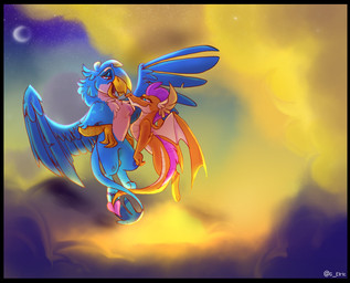 aged_up anthro beak blue_body blue_feathers duo feathered_wings feathers female flying hair highlights_(coloring) looking_at_another male moon orange_body purple_hair sunset tail tan_body tan_feathers tuft wings g-elric friendship_is_magic hasbro my_little_pony mythology gallus_(mlp) smolder_(mlp) avian dragon gryphon mythological_avian mythological_creature mythological_scalie scalie hi_res