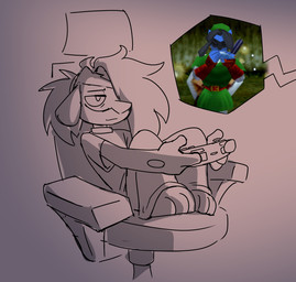 anthro bottomwear chair clothing controller facial_markings fluffy fluffy_hair furniture game_controller hair hair_over_eye head_markings holding_controller holding_object humanoid_hands male markings mask_(marking) office_chair on_chair pants shirt sitting sitting_on_chair solo t-shirt tied_hair topwear somesacredbird nintendo ocarina_of_time pokemon the_legend_of_zelda fan_character riolu_(somesacredbird) generation_4_pokemon pokemon_(species) riolu 2026 digital_drawing_(artwork) digital_media_(artwork) english_description hi_res sketch nonbinary_(lore)