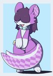 anthro blush blush_lines collar countershading cute_fangs fangs hair hair_over_eyes open_mouth open_smile plushie purple_body purple_hair simple_background smile solo teeth oagoner animate_inanimate living_plushie mammal mephitid skunk aliasing digital_media_(artwork)