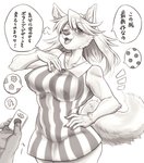 anthro big_breasts breasts clothed clothing dialogue dress duo female hand_on_hip kemono nipple_outline text wide_hips nzuuure canid canine canis mammal wolf hi_res japanese_text monochrome translated