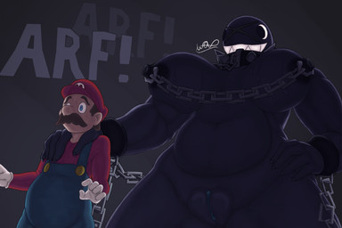 anthro big_breasts big_nipples black_body black_nipples blue_clothing blue_eyes blue_overalls blue_vulva bodily_fluids breasts brown_facial_hair brown_hair brown_mustache claws clothed clothed_male clothing collar duo facial_hair female genitals gloves hair handwear linked_nipples male muscular muscular_female mustache nipple_chain nipples nude nude_female onomatopoeia overalls red_clothing red_shirt red_topwear sharp_teeth shirt sound_effects spiked_collar spikes sweat teeth text thick_thighs topwear vulva white_clothing white_gloves white_handwear warewolf_(artist) mario_bros nintendo gigi_(thecoatl034) mario chain_chomp human humanoid mammal 3:2 hi_res signature
