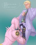 belt blonde_hair blue_eyes blush bodily_fluids bulge clothed clothing dialogue duo embarrassed fully_clothed genital_fluids gloves hair handwear male male/male omorashi peeing pink_body red_eyes speech_bubble spikes text topless urine wet wet_clothing wetting random-anon-art jojo's_bizarre_adventure killer_queen yoshikage_kira animal_humanoid cat_humanoid felid felid_humanoid feline feline_humanoid human humanoid mammal mammal_humanoid stand_(jjba) 4:5 english_text meme