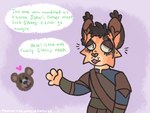 2017 ambiguous_gender anthro armor bethesda_softworks black_hair brown_inner_ear brown_inner_ear_fluff chibi clothed clothing dialogue digital_drawing_(artwork) digital_media_(artwork) ear_tuft english_text eyelashes felid female_(lore) flat_colors fur glistening_eyelids green_text grey_eyes hair half-length_portrait handwritten_text heart_symbol inner_ear_fluff jaspering khajiit leather leather_armor mammal microsoft open_mouth orange_body orange_fur portrait pupils purple_background s'naaji simple_background slit_pupils solo speech_bubble text the_elder_scrolls tuft