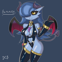3_fingers armwear big_breasts black_sclera blue_background blue_body blue_hair blue_skin breasts choker cleavage clothed clothing corruption elbow_gloves female fingers fluffy fluffy_hair fusion gloves hair hair_over_eye handwear heart_choker horn jewelry legwear long_hair looking_at_viewer membrane_(anatomy) membranous_wings necklace not_furry one_eye_obstructed pokemon_fusion pupils simple_background skimpy slit_pupils smile solo spade_tail tail thick_thighs thigh_highs wings yellow_eyes kuperseeper nintendo pokemon serenity_(kuperseeper) gardevoir generation_3_pokemon horned_humanoid humanoid pokemon_(species) succubus tailed_humanoid 1:1 2021 hi_res signature